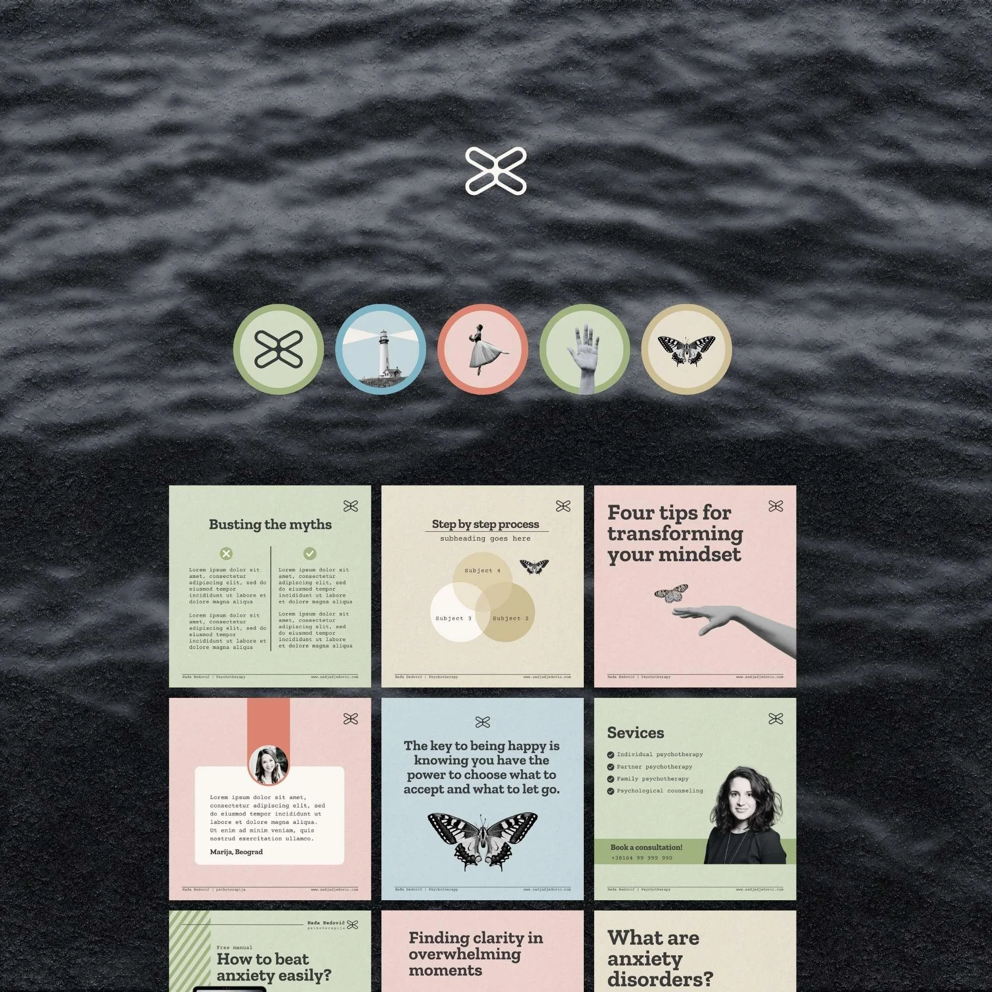 Editorial Instagram grid with pastel psychotherapy social media posts for Nađa Đedović Psychotherapy brand identity