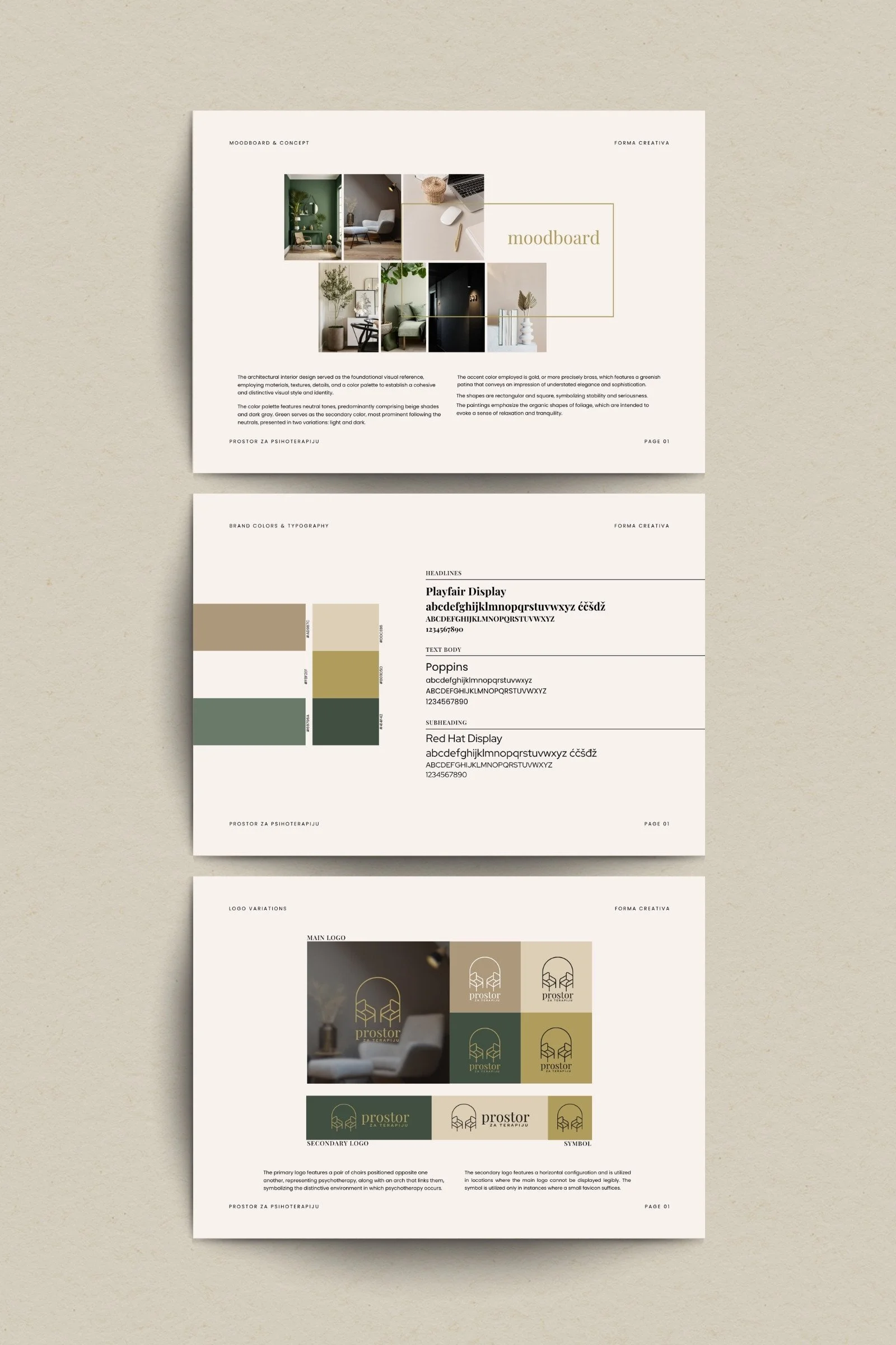 Brand guidelines preview for Prostor psychotherapy brand showing moodboard, typography and logo system.