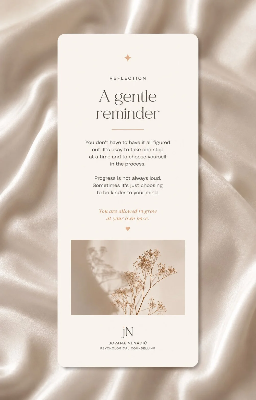 Minimal reflection card design for psychological counselling brand with soft typography, calming affirmations and luxury editorial aesthetic on silk fabric background