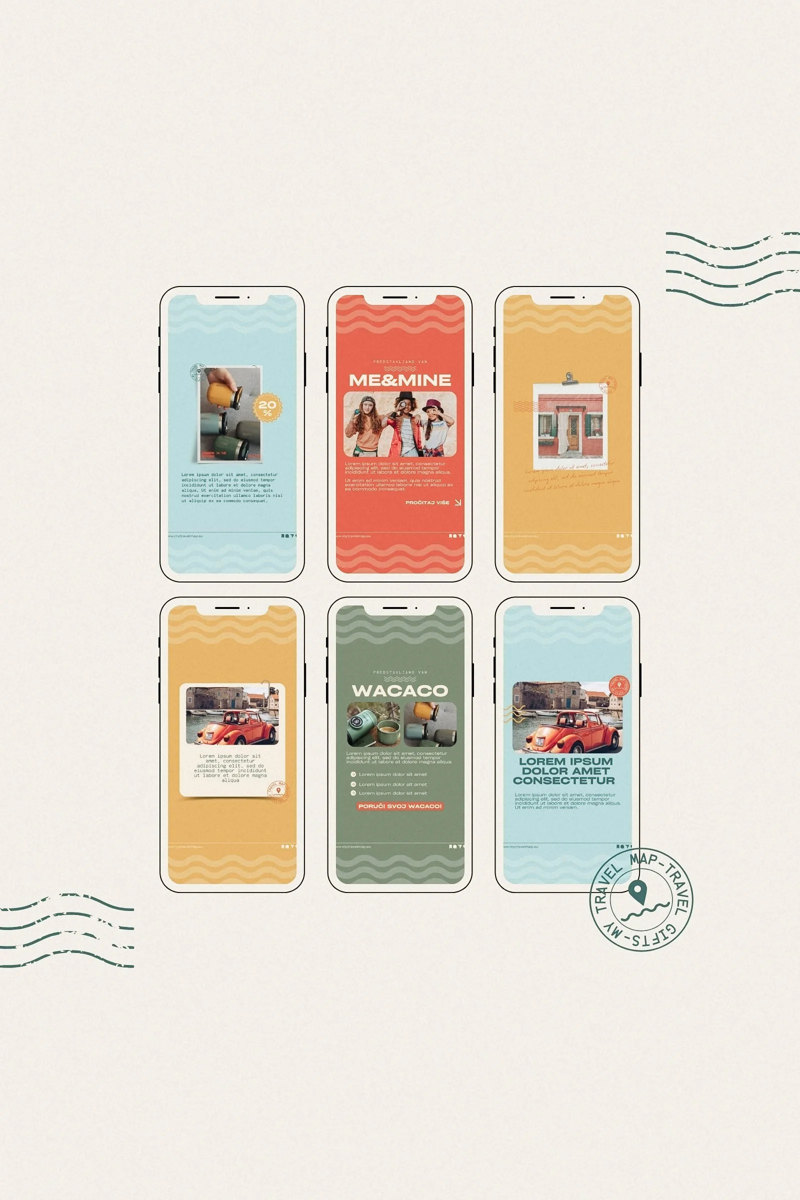 My Travel Map social media templates mockup displayed on mobile screens, featuring a cohesive Mediterranean-inspired travel brand identity
