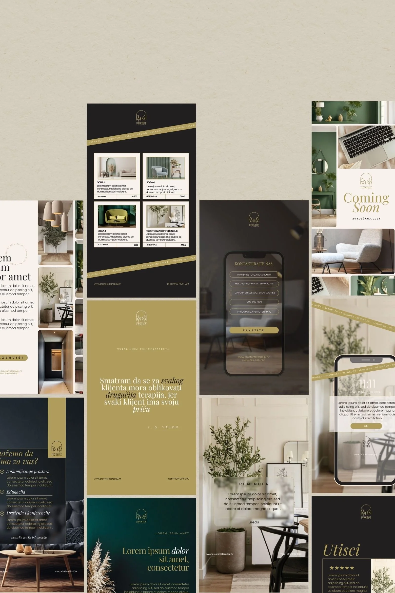 Social media post designs for psychotherapy brand identity with cohesive templates, typography and warm neutral color palette