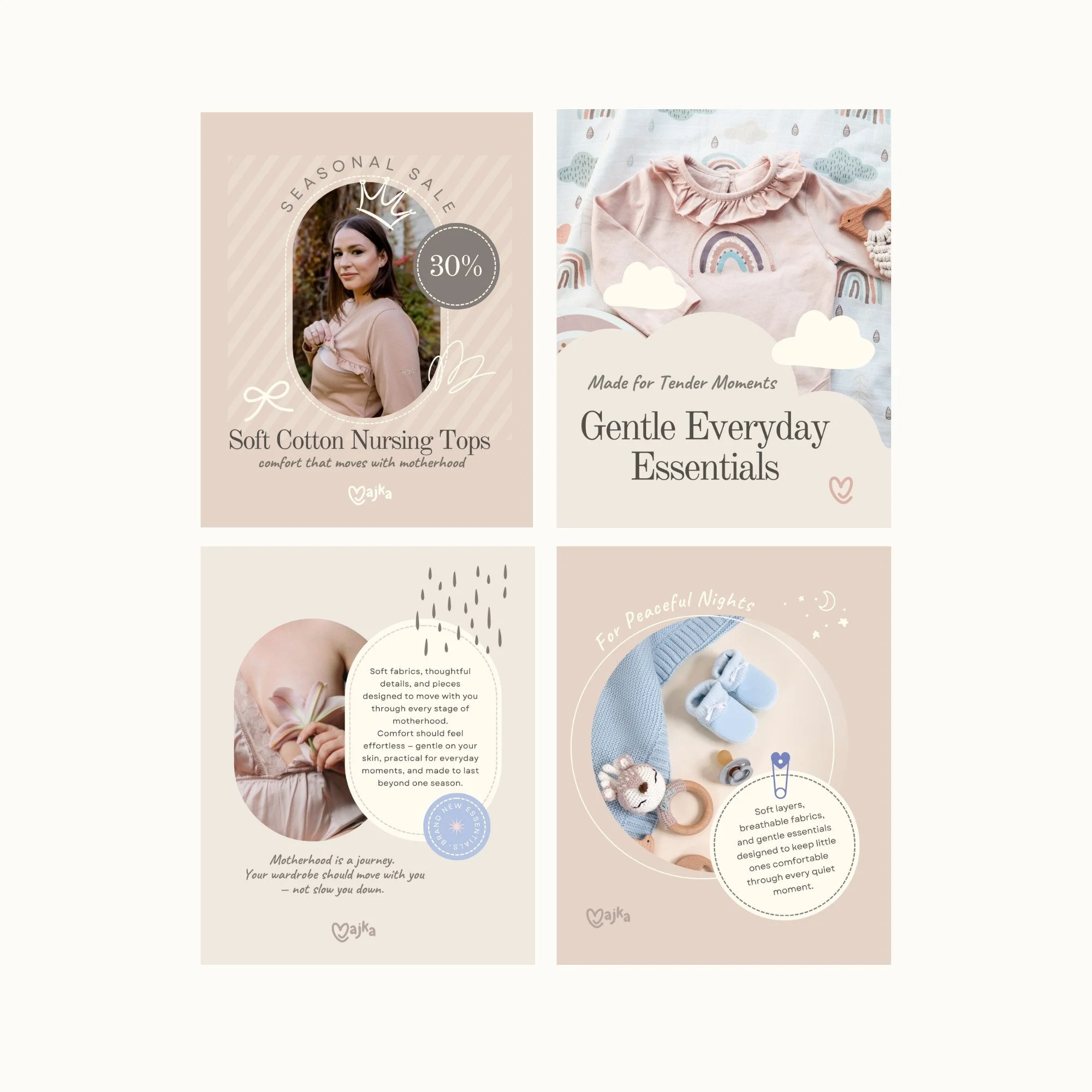 Visual identity and social media system designed for Majka, a soft editorial motherhood clothing brand focused on comfort, femininity, and everyday moments.