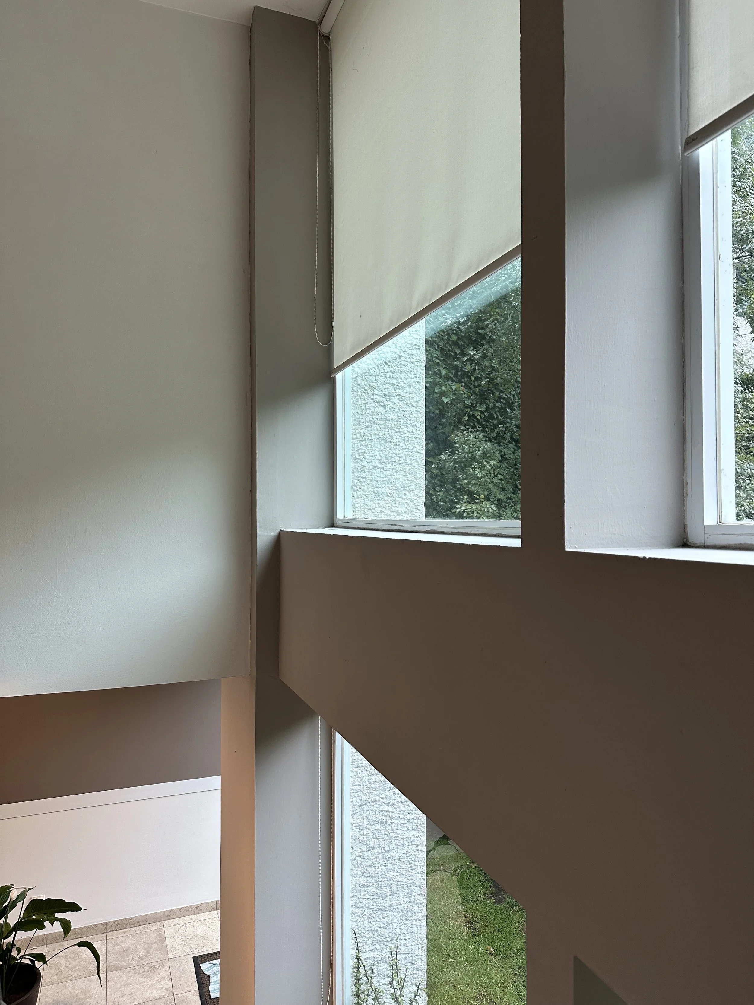 Vista del interior de una casa con ventanas grandes y persianas parcialmente bajadas, mostrando un área con plantas verdes y suelo de baldosas.