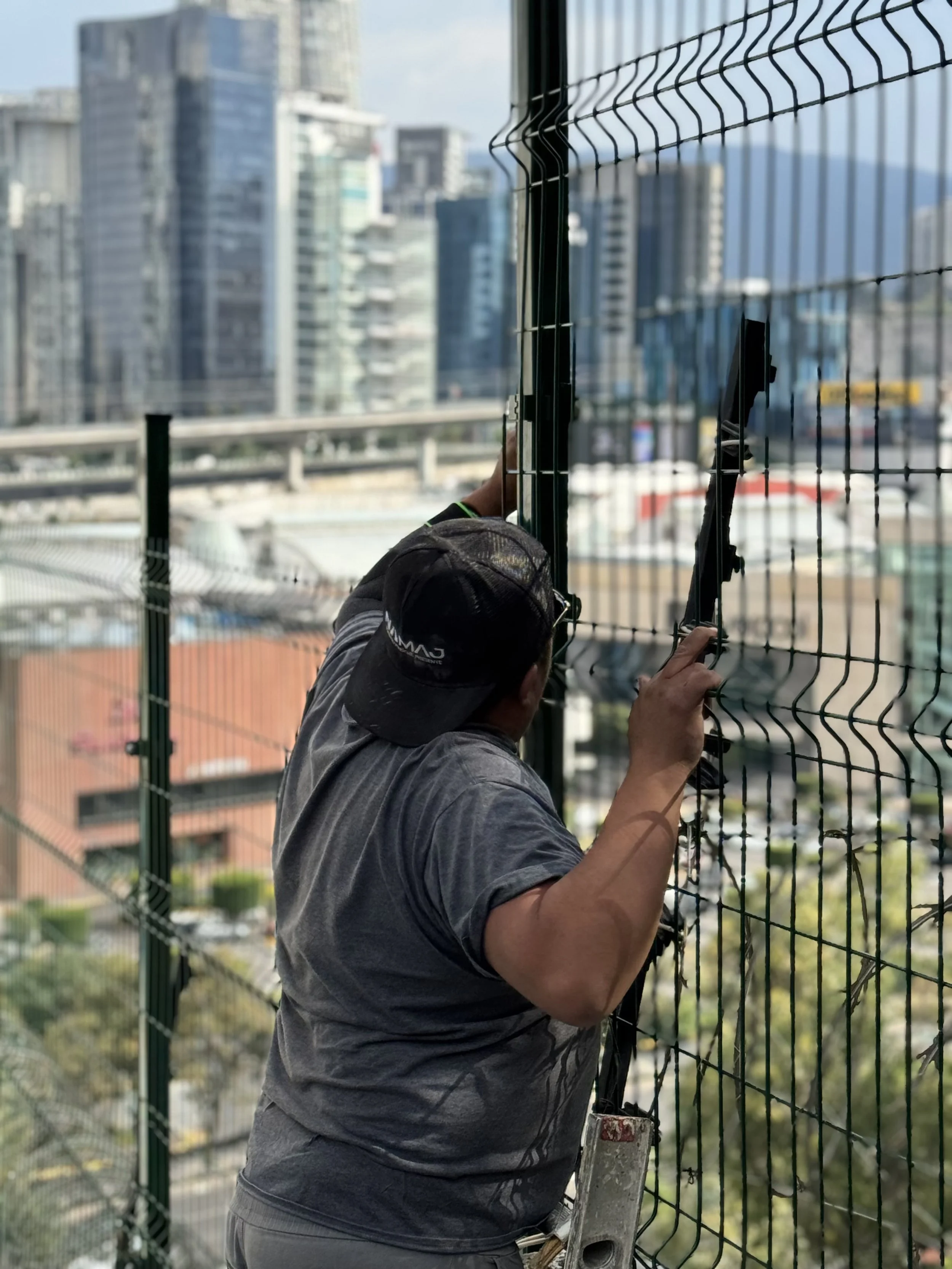 Persona subiendo una escalera y colocando malla metálica en una estructura de alambre en un espacio urbano con edificios altos en el fondo.