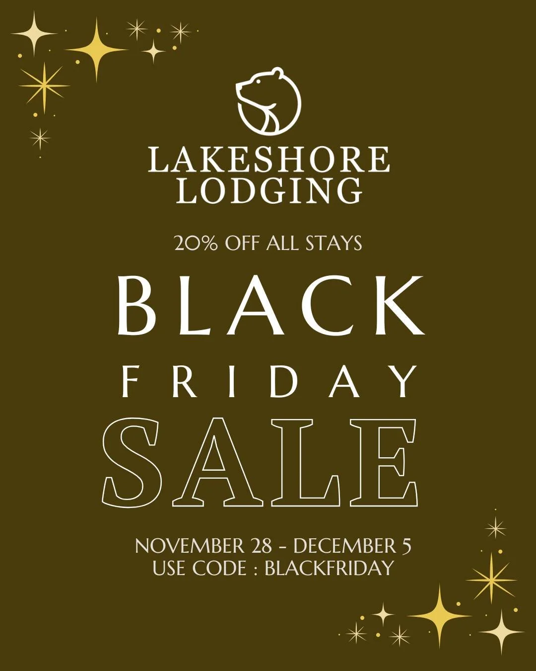 Last chance!! 🌟

Our Black Friday sale is ending today &mdash; 20% off all stays with code BLACKFRIDAY.

Promo runs November 28&ndash;December 5. Go on&hellip; future you will be very proud.

#LakeshoreHomer #HomerAlaska #AlaskaVacation #Staycation
