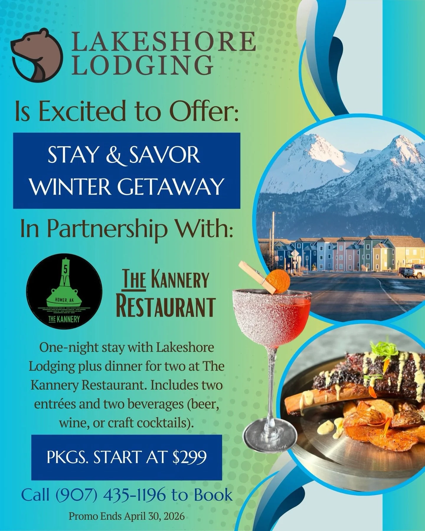 Winter in Homer pairs best with cozy nights and really good food.

Introducing our Stay &amp; Savor Winter Getaway in partnership with @thekannery. Enjoy a one-night stay with Lakeshore Lodging plus dinner for two at The Kannery, including two entr&e