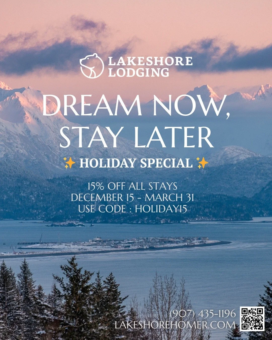 This is your gentle nudge to plan the getaway! 😌❄️

Enjoy 15% off all stays with code HOLIDAY15.

Now extended through March 31 &mdash; because good trips deserve time to dream.

#LakeshoreHomer #HomerAlaska #TravelAlaska
