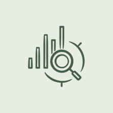 Abstract icon of bar chart and magnifying glass, representing analytics or data analysis.