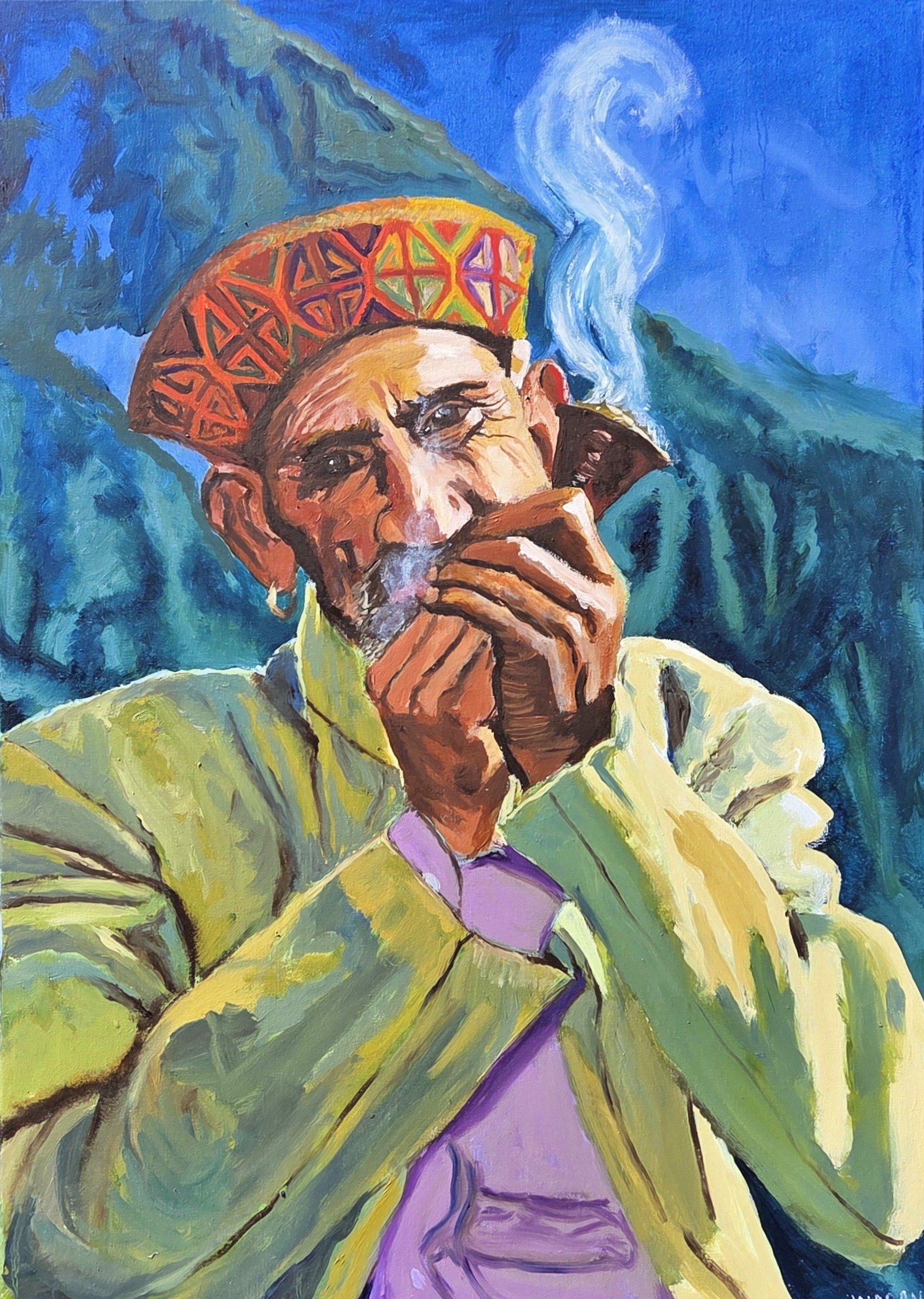 Man smoking his pipe - oil on canvas - framed dimensions 50x70 cm - 2025