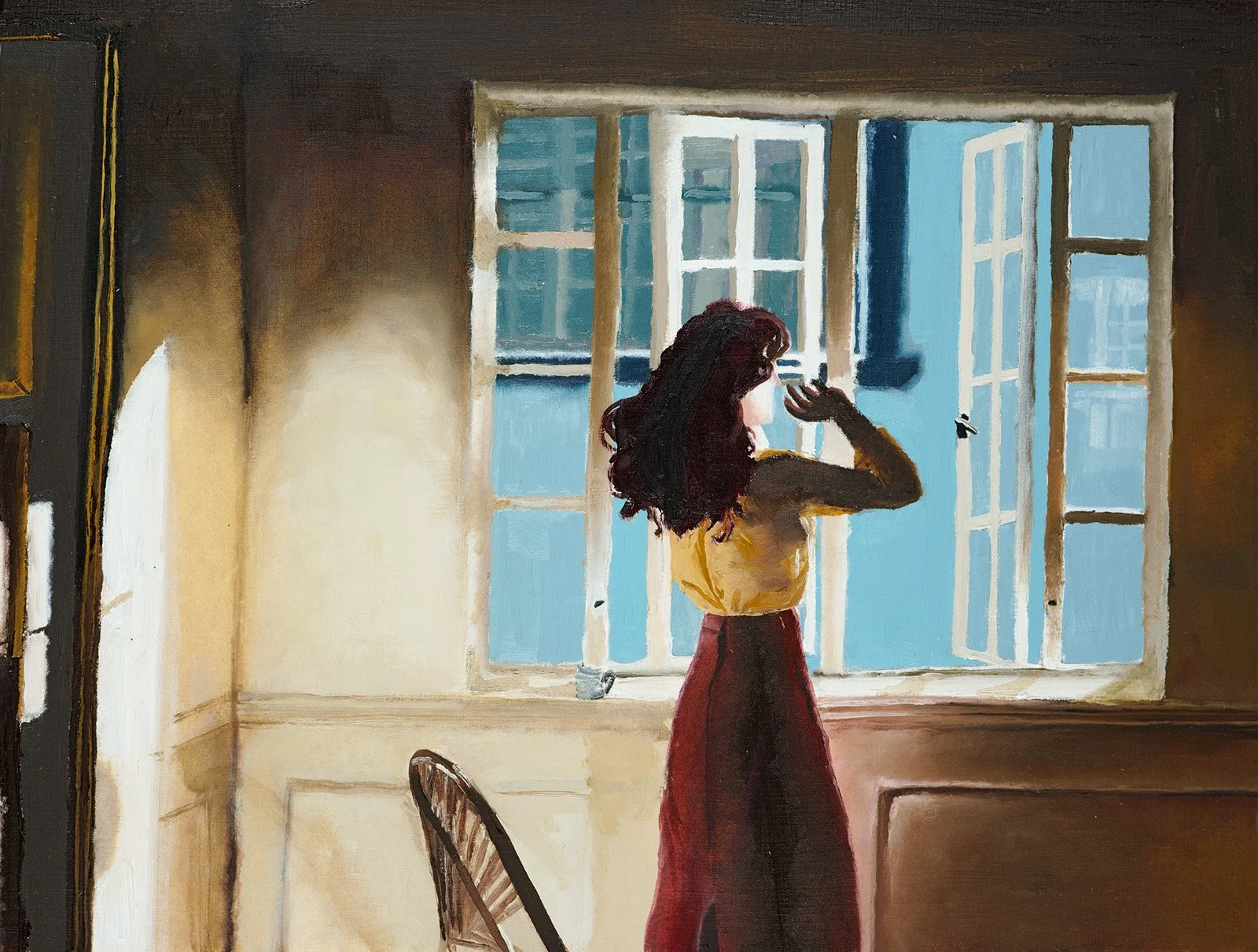 Girl in the window - oil on paper - framed dimensions 30x40 cm - 2023