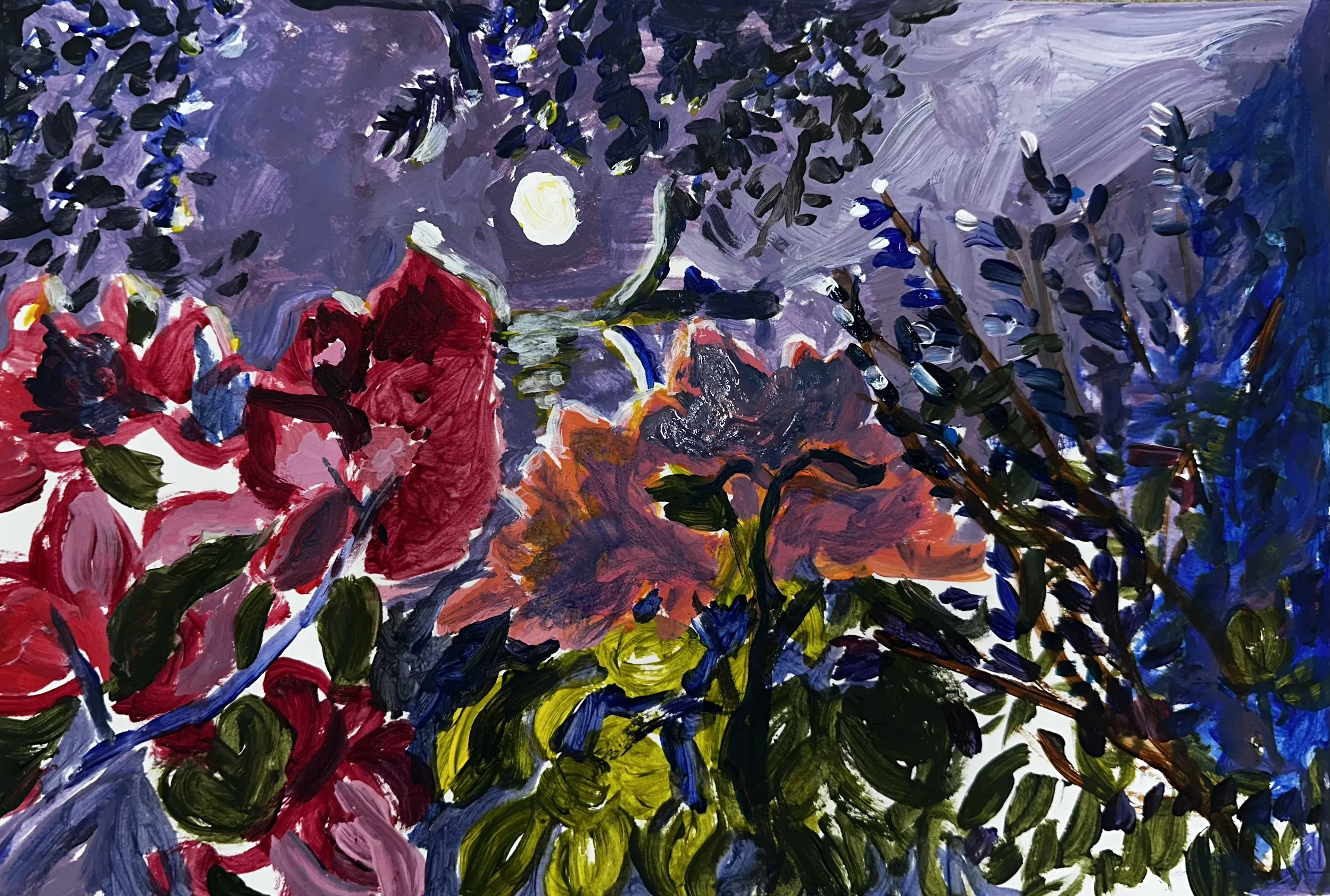 Moonlight study in Cool Red, Blue and Green - Acrylic on Paper - 2025