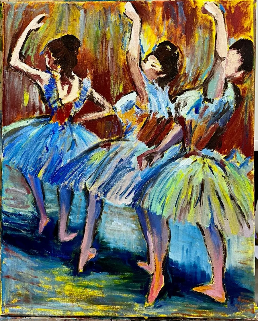 An impressionistic painting of three girls dancing in tutus, with colorful backgrounds in yellow, orange, and brown. The girls are depicted with raised arms and bending legs, wearing blue, yellow, and white tutus.