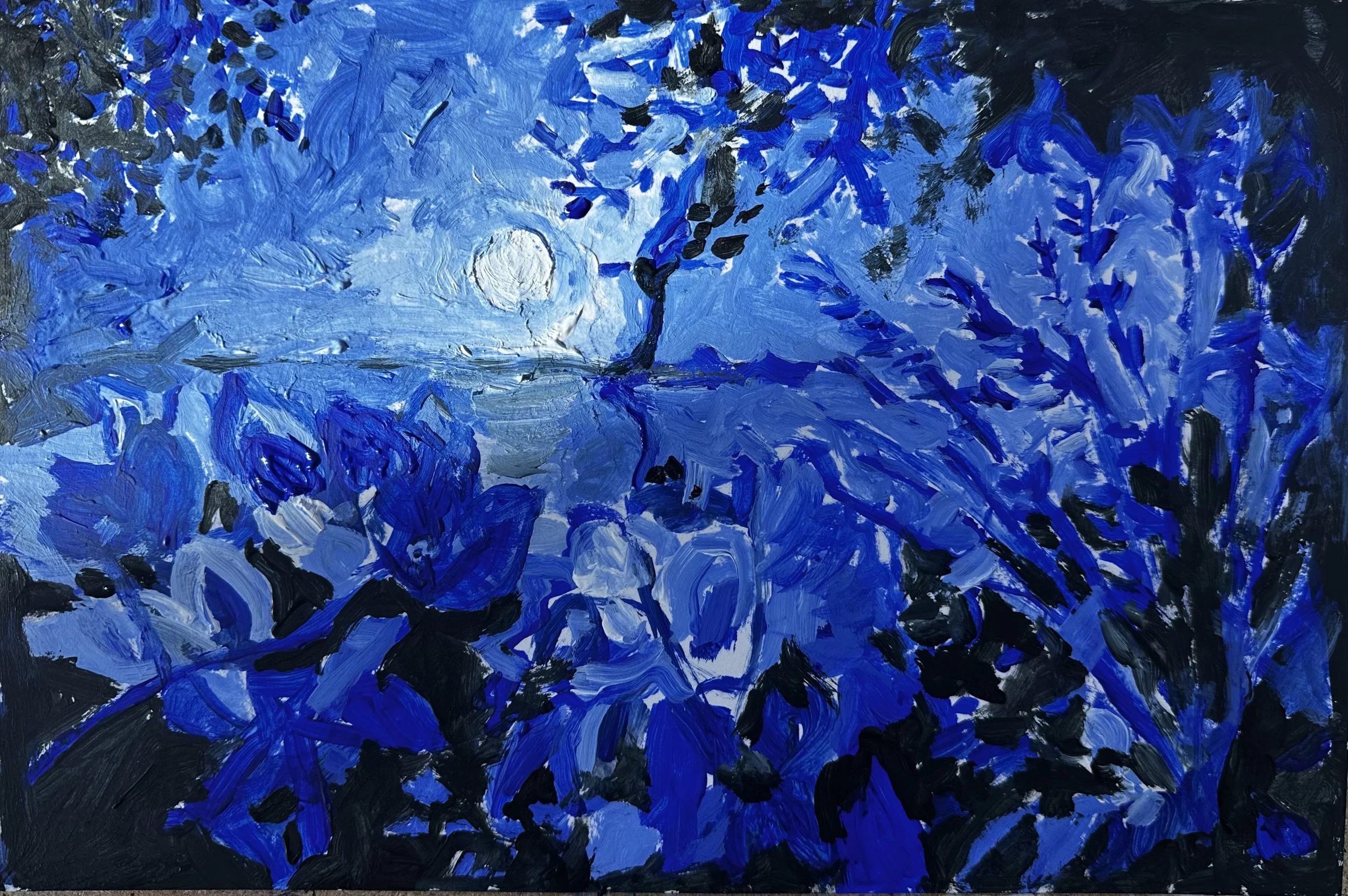 Moonlight study in blue and black - Acrylic on paper - 2025