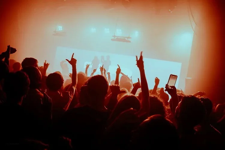 Crowd at concert or concert-like event with hands raised, illuminated by stage lights, some holding phones.