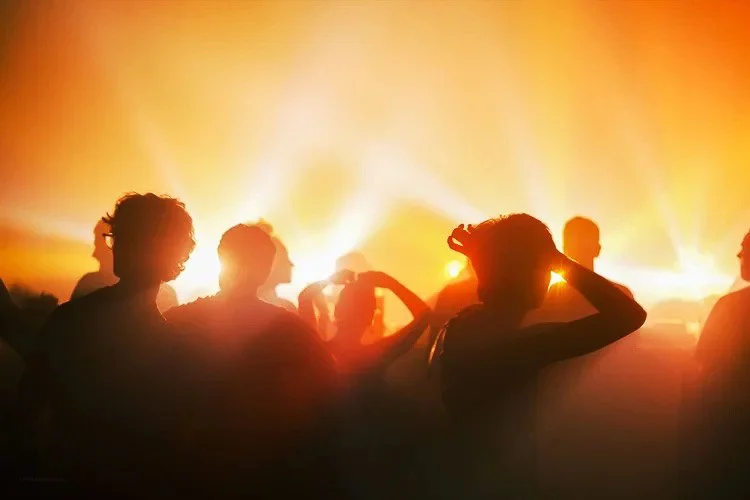 Silhouettes of people dancing at sunset or during a concert with bright orange and yellow sky.