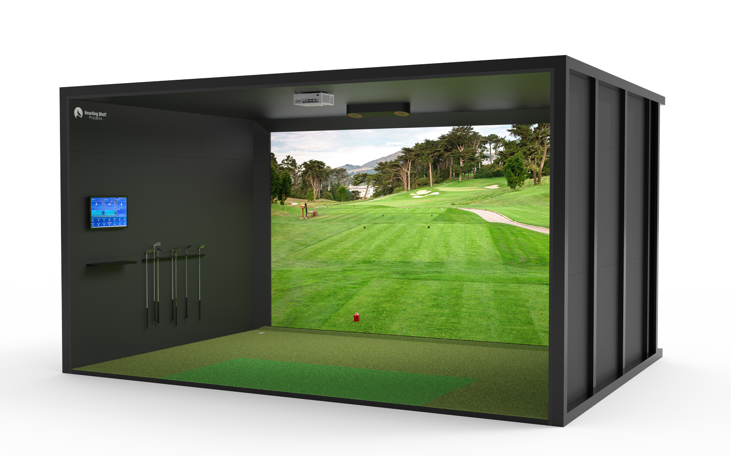 Golf simulator enclosure with corner foam and angled walls