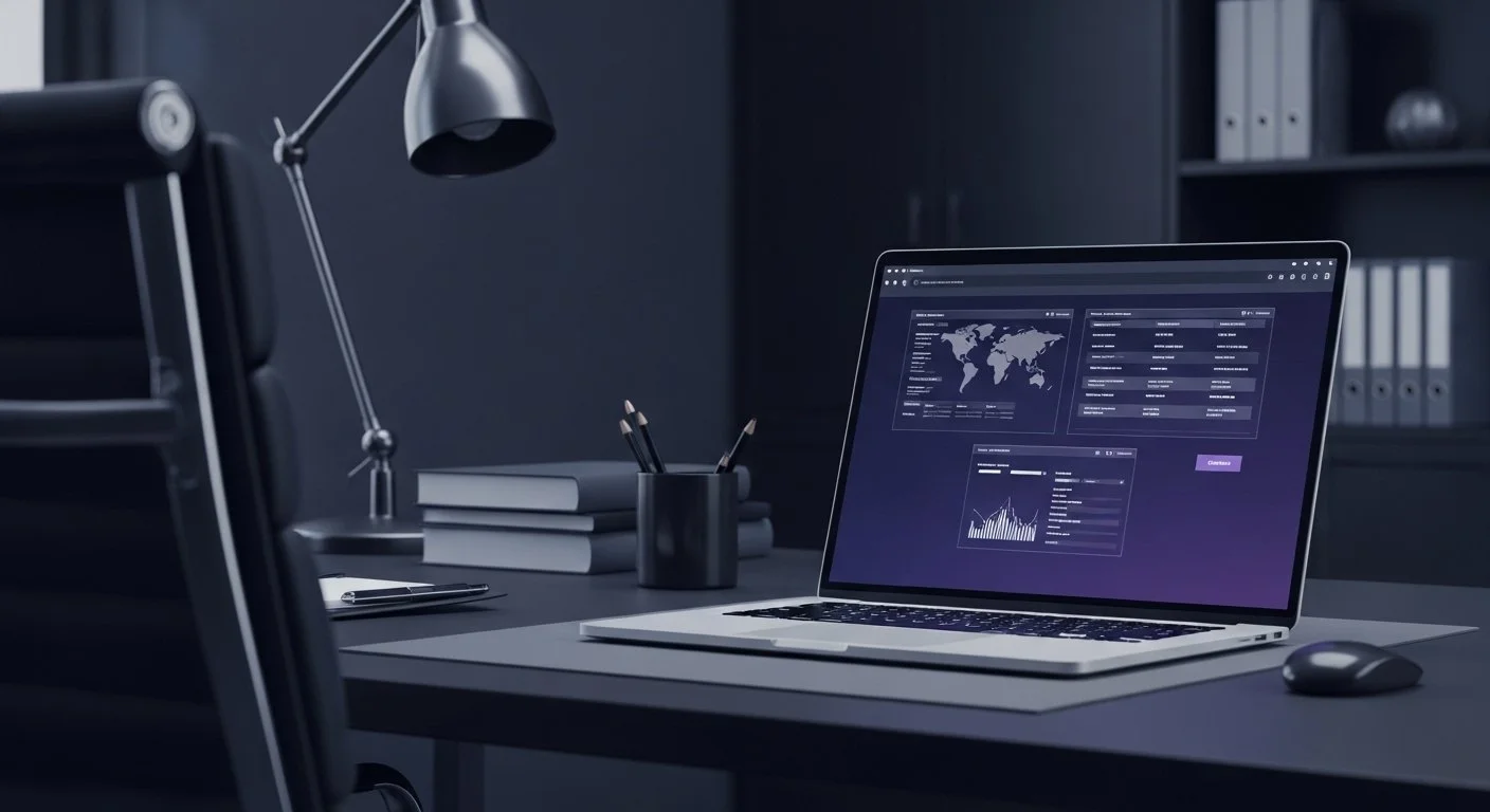 Un escritorio de oficina con una laptop abierta mostrando gráficos y mapas, una lámpara, libros, un bolígrafo y un ratón.