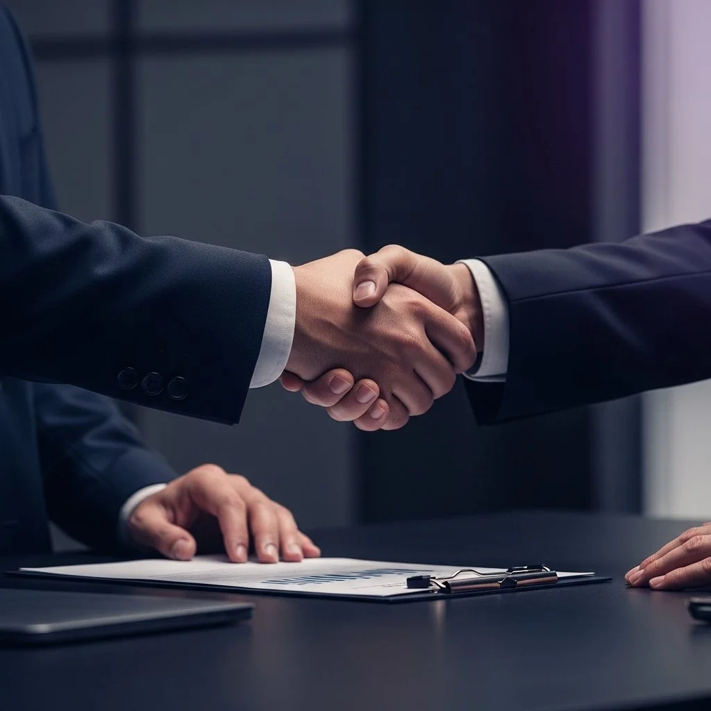 Dos personas en trajes de negocios estrechándose la mano en una reunión, con papeles y una tableta sobre la mesa.