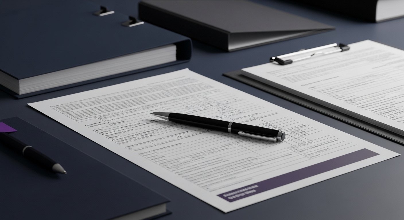 Documentos y cuadernos con bolígrafos sobre una mesa de oficina.
