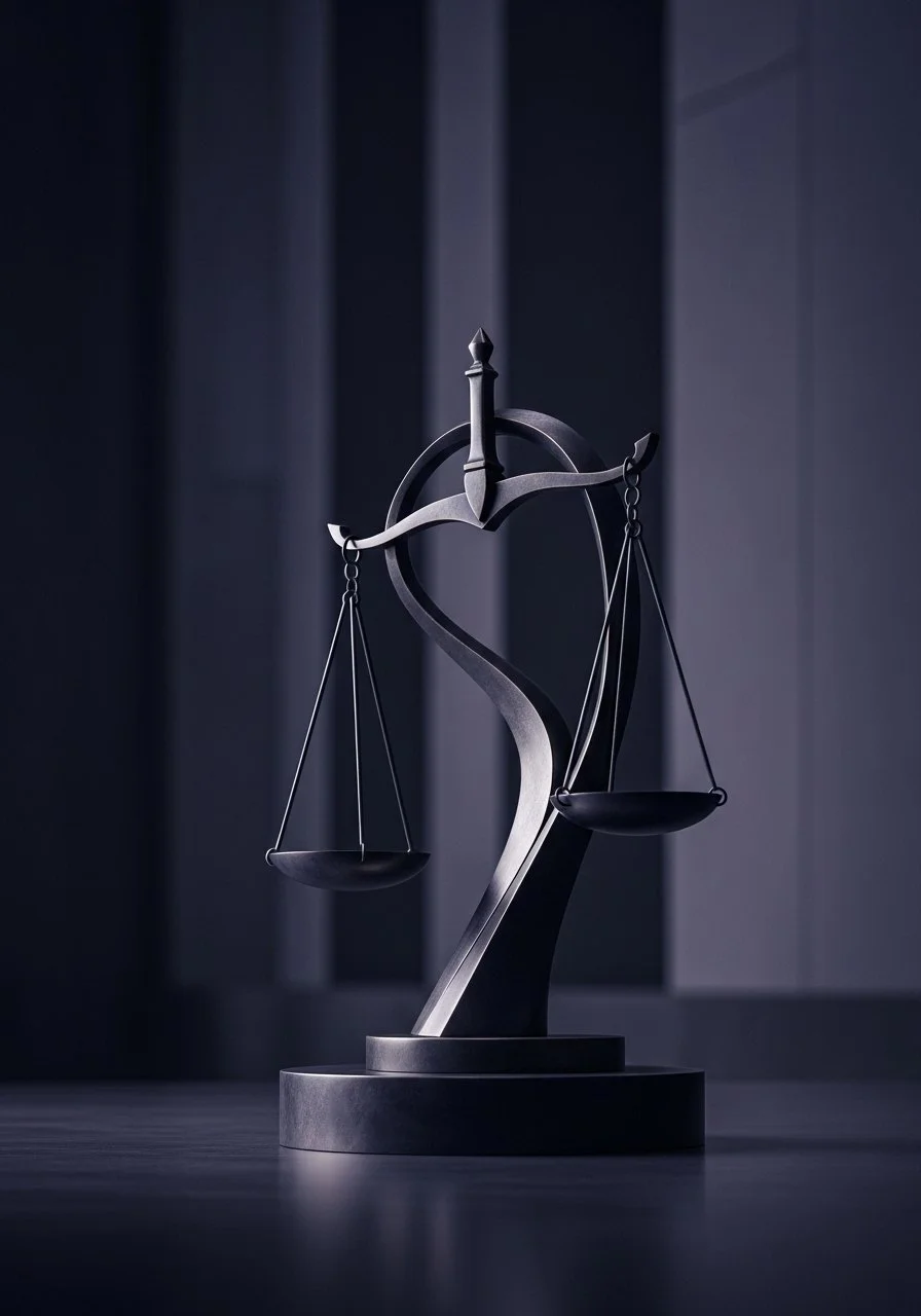 Escultura de una balanza con forma de símbolo de dólar, en un entorno oscuro y moderno.