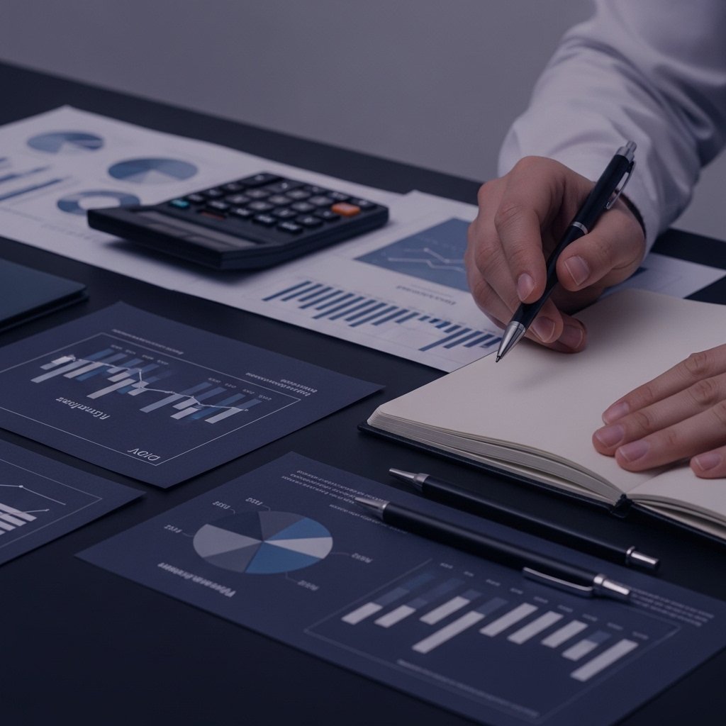 Persona trabajando con gráficos financieros, tablas y gráficos de barras, usando una calculadora y tomando notas en un cuaderno.