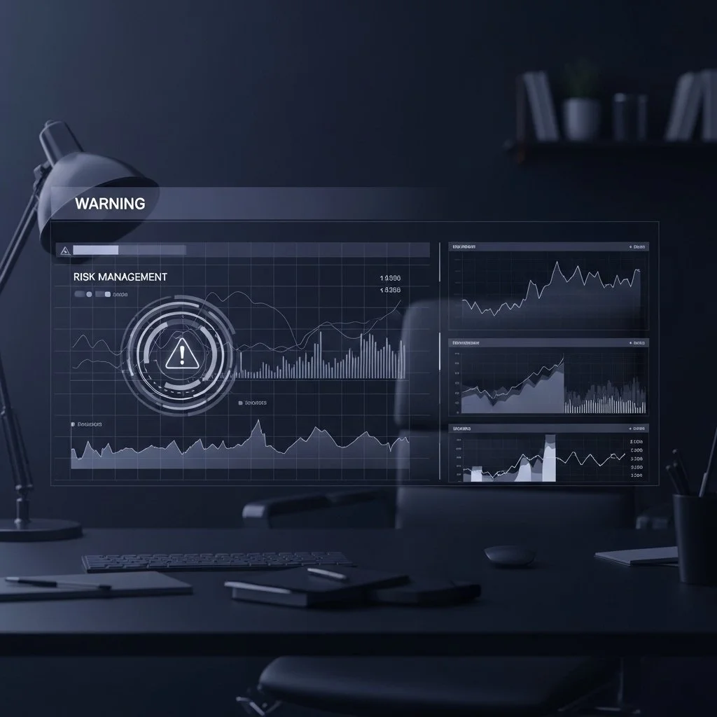Pantalla de computadora con gráficos y advertencias relacionadas con gestión de riesgos y análisis de datos, en un entorno de oficina oscuro.