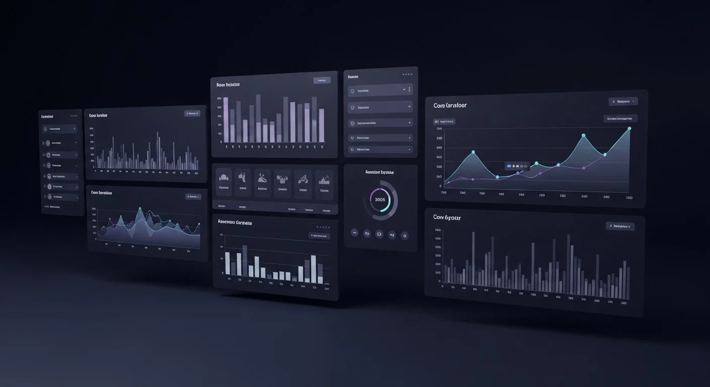 Pantalla de múltiples gráficos estadísticos y análisis de datos en un entorno digital con fondo oscuro.