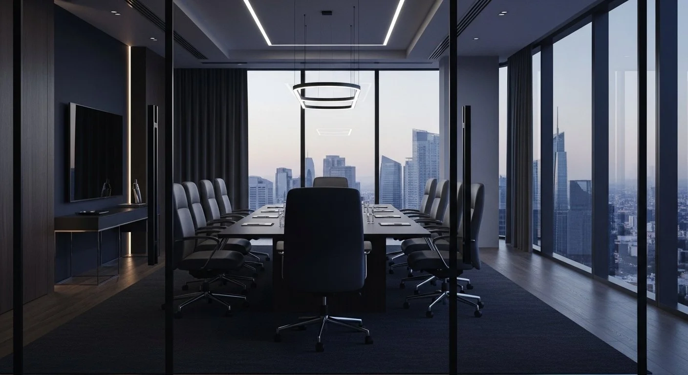 Sala de juntas moderna con vista a la ciudad, mesa grande, sillones de oficina y ventanas de piso a techo.