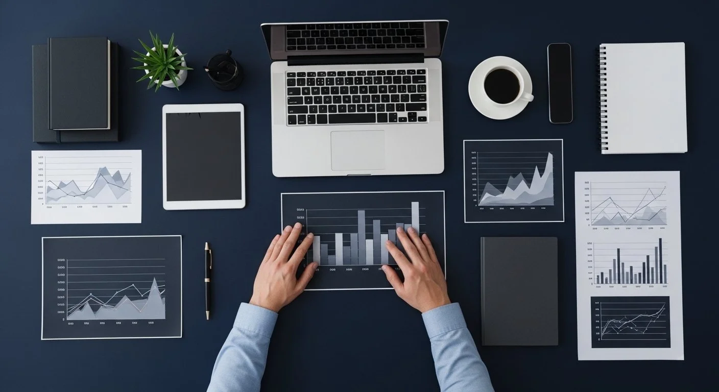 Mesa de oficina con computadora portátil, tableta, varias gráficas y documentos, una taza de café, una libreta y algunos accesorios.