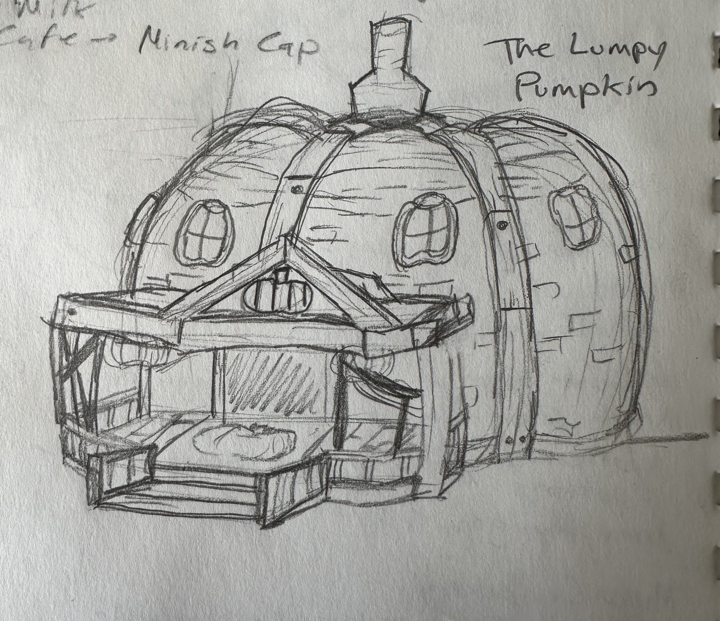 Outside facade for a themed restaurant based on "The Lumpy Pumpkin" from "The Legend of Zelda: Skyward Sword"