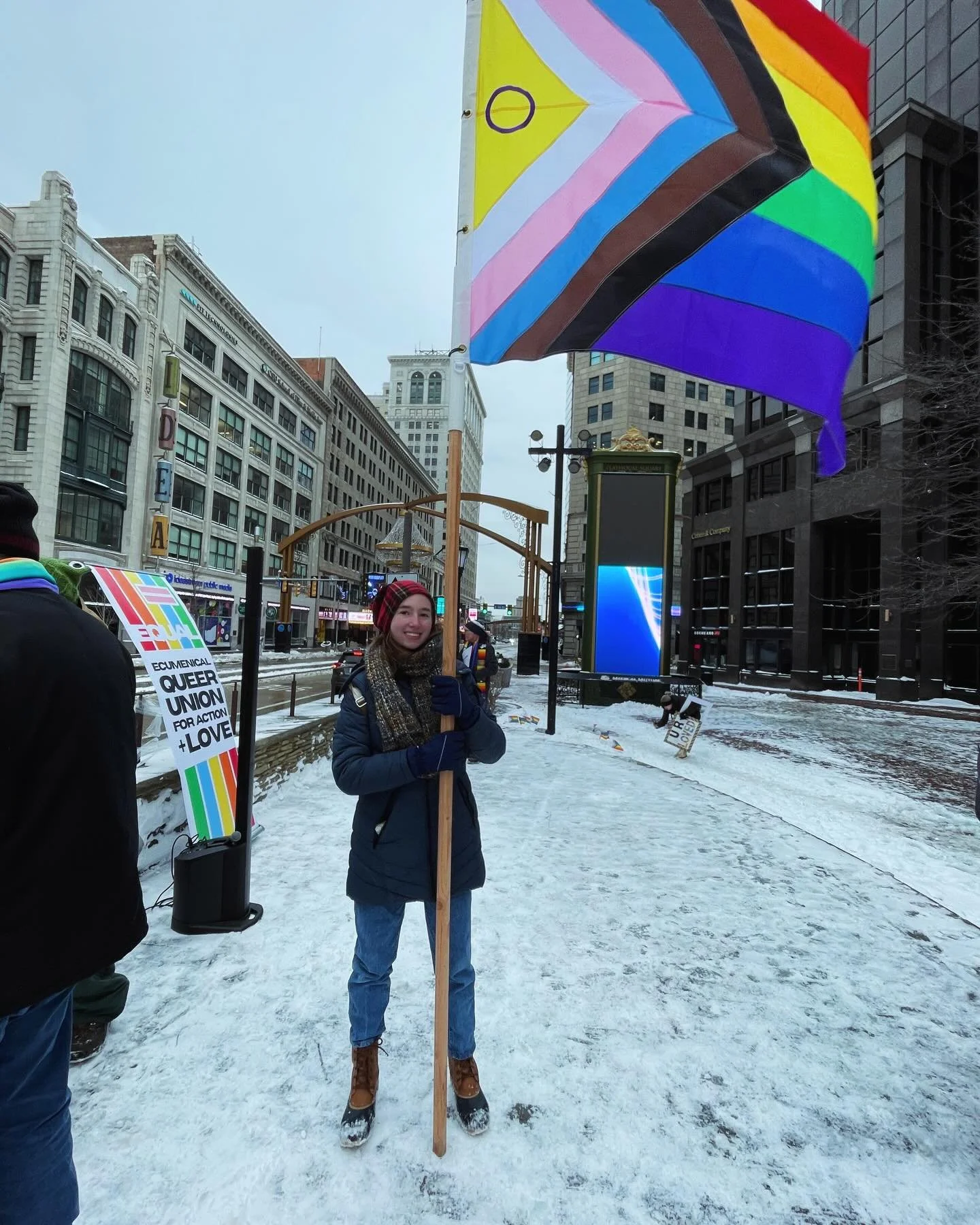Love at the Plaza event. Board members and UPCaM student braved the cold to celebrate LGBTQ+ faith and inclusion! 💜