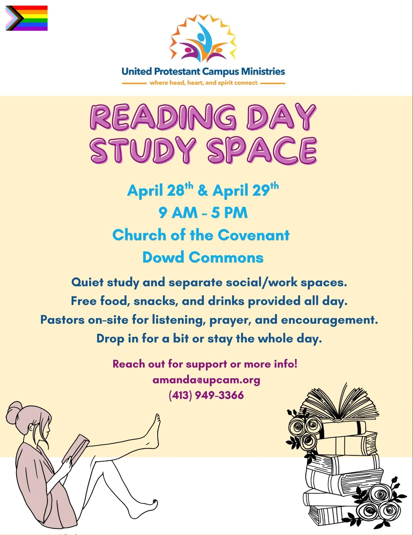 Happy Reading Day! 📚✨

Take a break (you deserve it! 😌) or come study with your UPCaM Fam 💛 from 9 AM &ndash; 5 PM in the Dinner Church space.

We&rsquo;ve got everything you need to power through:
🥪 Food &amp; snacks
☕ Coffee &amp; drinks to kee