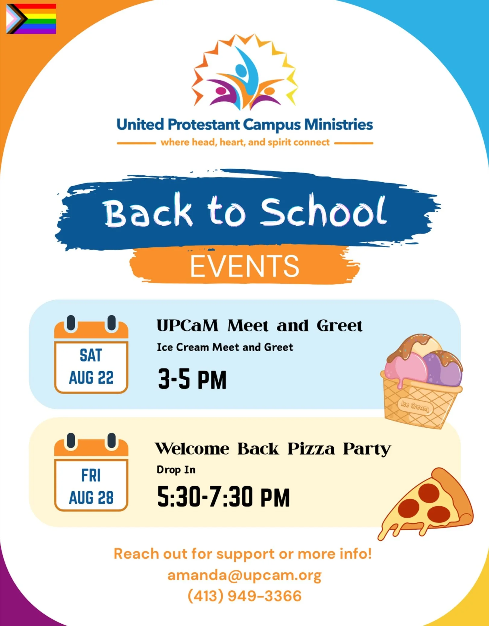 Tomorrow is our first Back-to-School event! UPCaM&rsquo;s student leaders are hosting this one&mdash;meet at 3:00 p.m. in the Church of the Covenant parking lot (facing Euclid). We&rsquo;ll all walk together for a free scoop of Mitchell&rsquo;s Ice C