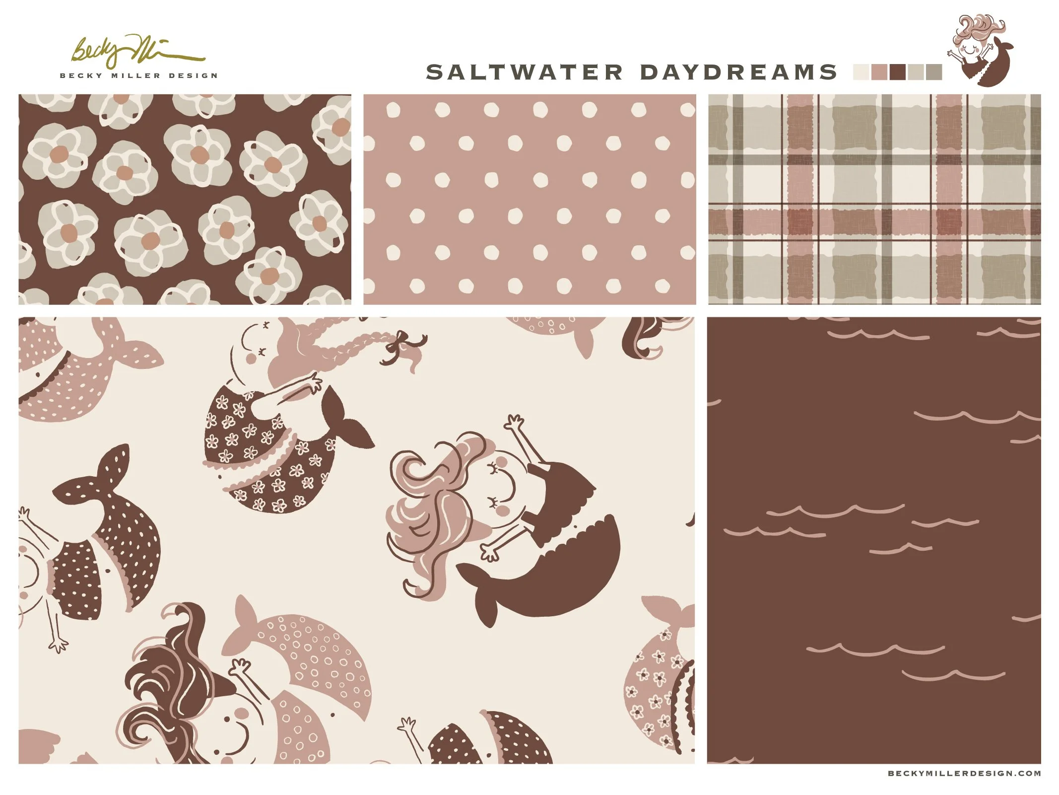 pattern collection, waves, mermaids, plaid, florals, flowers, polka dots, pink, mushroom, burgundy, 