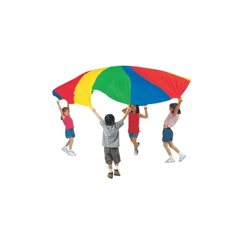 Colourful parachute held up by 4 children