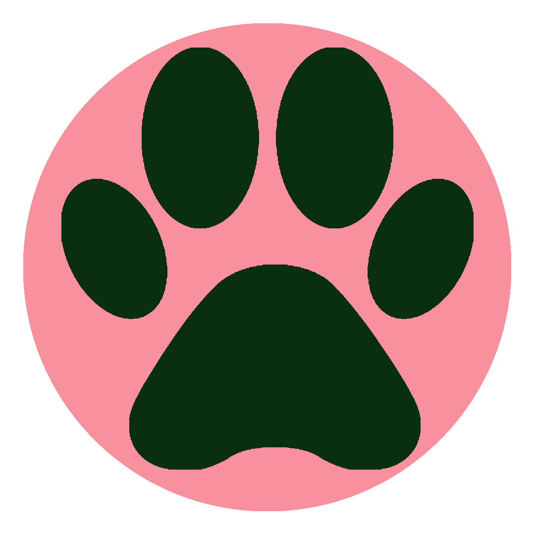 A black paw print inside a pink circle.