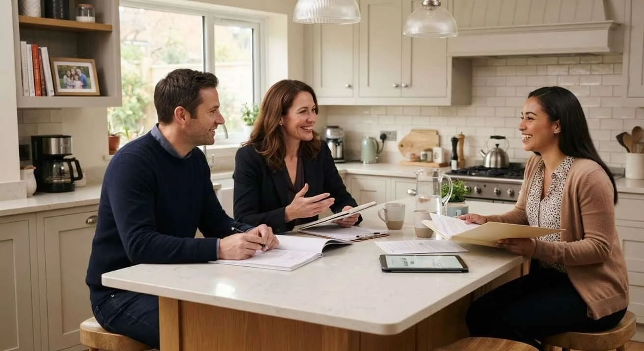Parents sitting in their kitchen doing an evaluation with their nanny