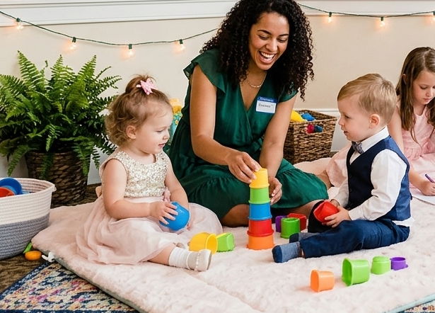 Childcare provider playiing with kids in the floor at a wedding