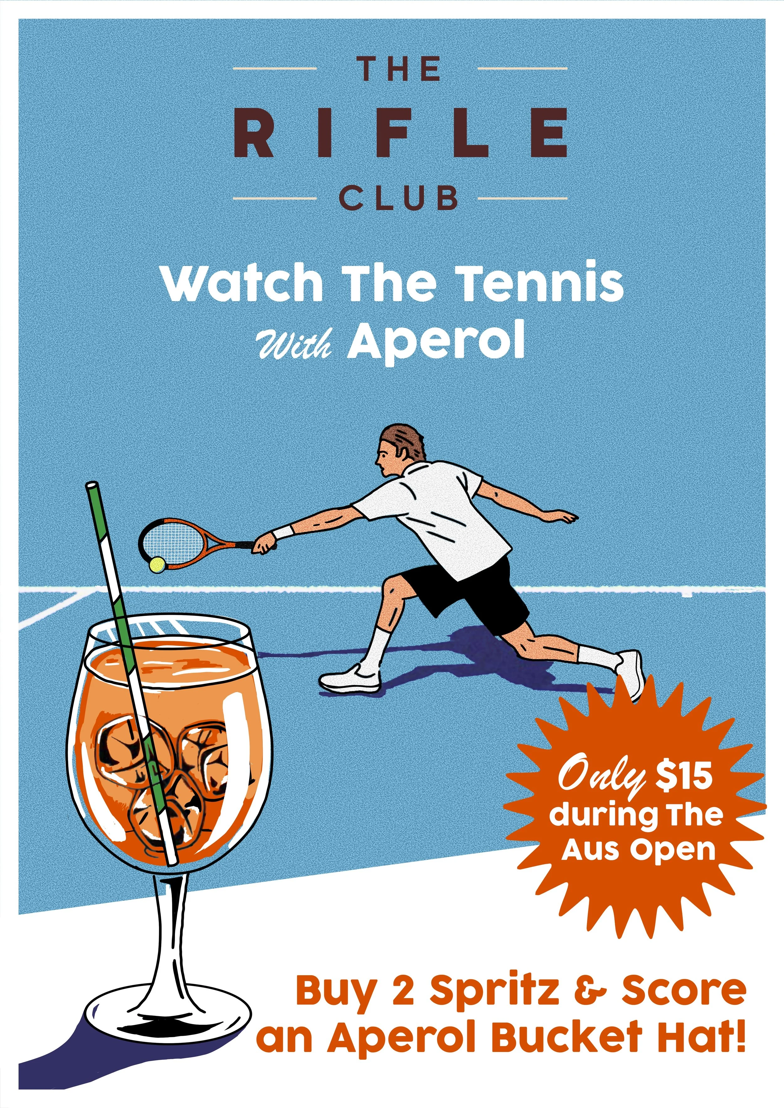 Rifle Club Aus Open brand partnership poster with Aperol Spritz #1