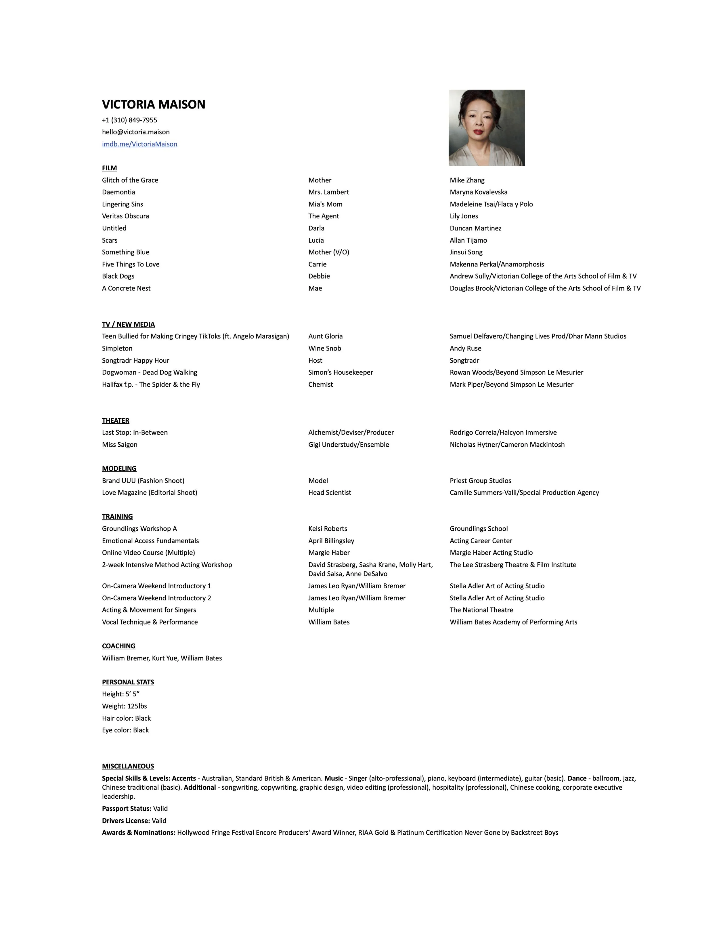 A detailed resume or CV for Victoria Maison with personal information, filmography, TV and media, theater, modeling, training, coaching, personal stats, miscellaneous skills, and awards. Includes a professional photo of her at the top right.