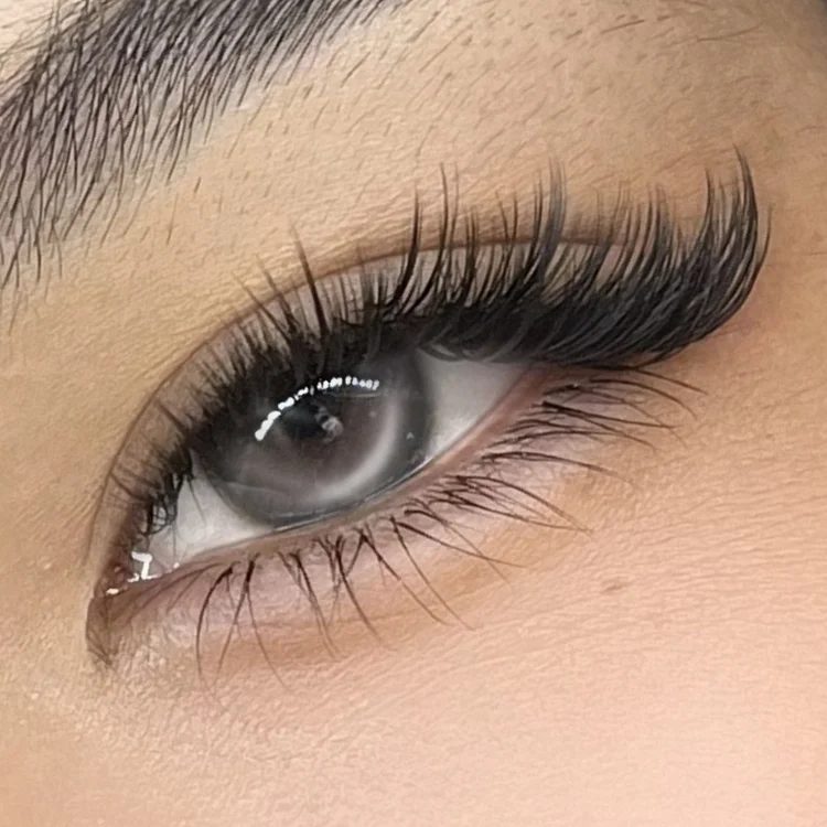 Full, dark volume lash extensions with a lifted outer corner