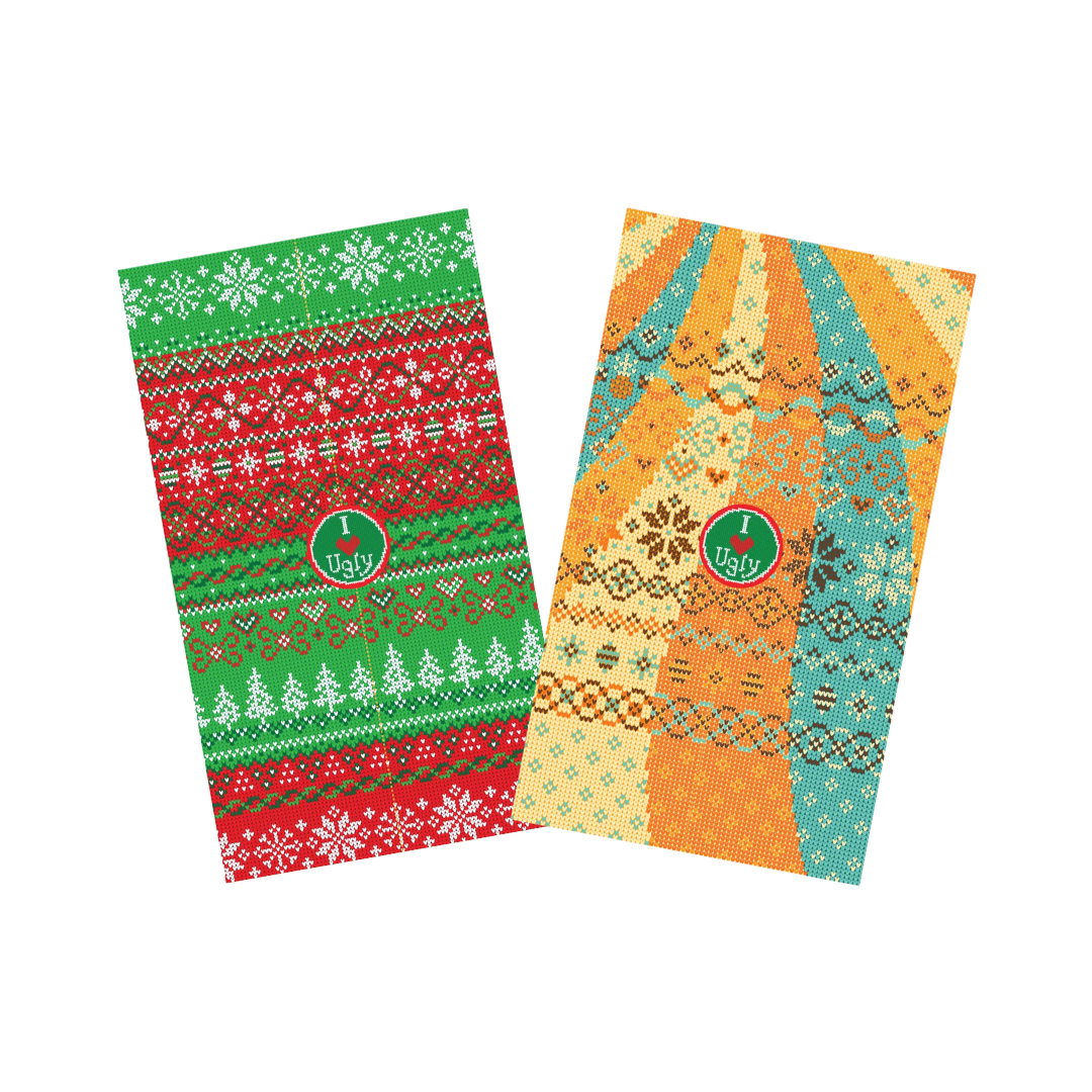An image of two neck warmers, each patterned with fair isle knitted stitches. One is in traditional red and green and the other is in retro yellow, orange and aqua. Both have the I Heart Ugly logo in the centre.