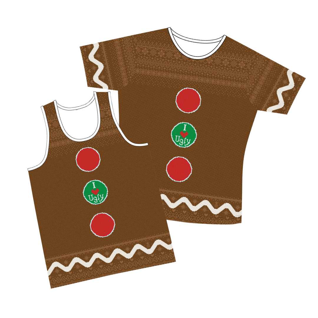 An image of two Ugly Christmas tops in chocolate brown overlaid with a lighter brown fair isle knit pattern stitches and accented with white piping swirls and large red and green smarty-style buttons. Very UGLY.
