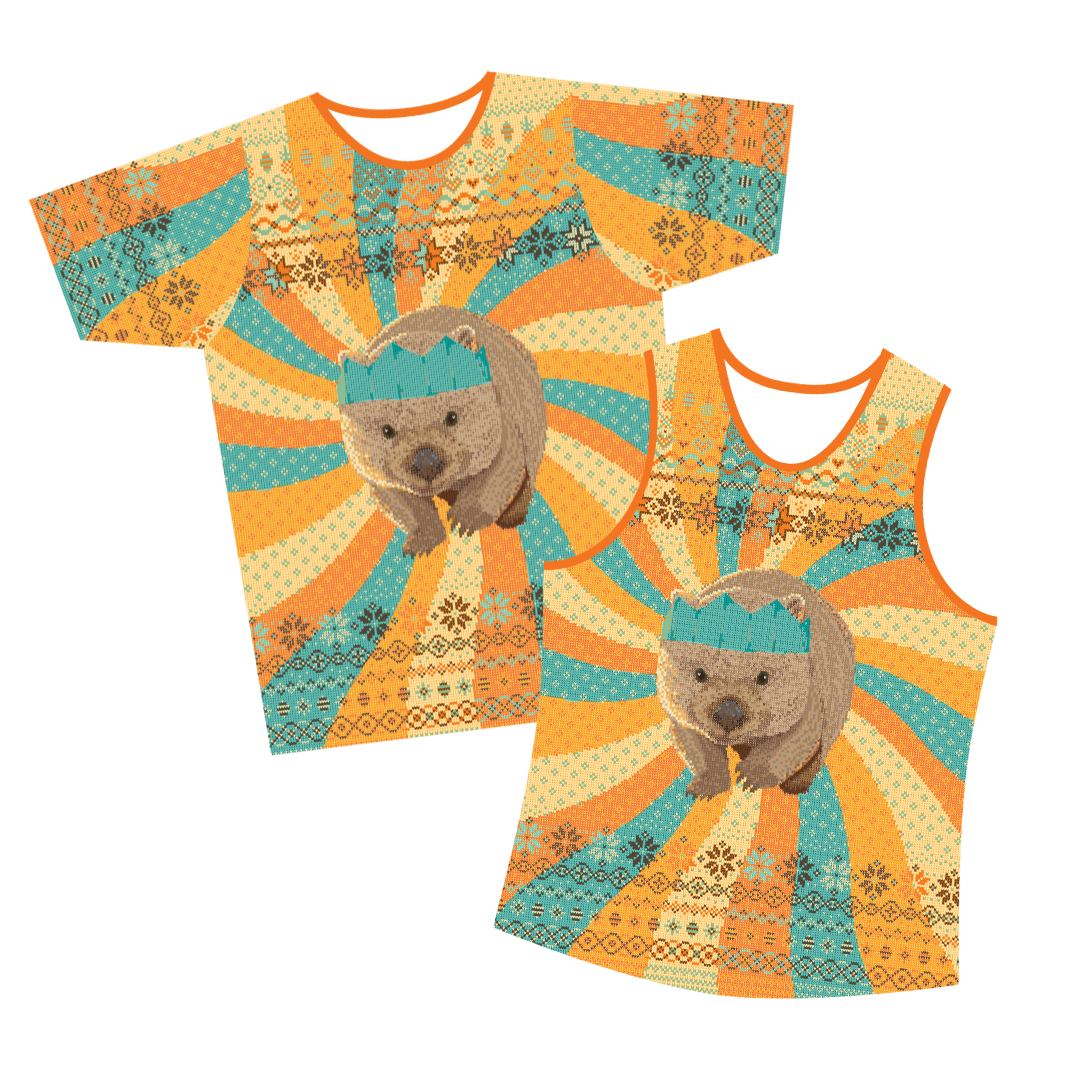 An image of two Ugly Christmas tops with a wombat on the front and a swirly retro sunburst background in yellow, orange and aqua, overlaid with a fair isle knit pattern stitches. Very UGLY.