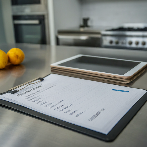 A clipboard with documents, an electronic tablet, and a stack of papers on a kitchen counter, with two oranges in the background.