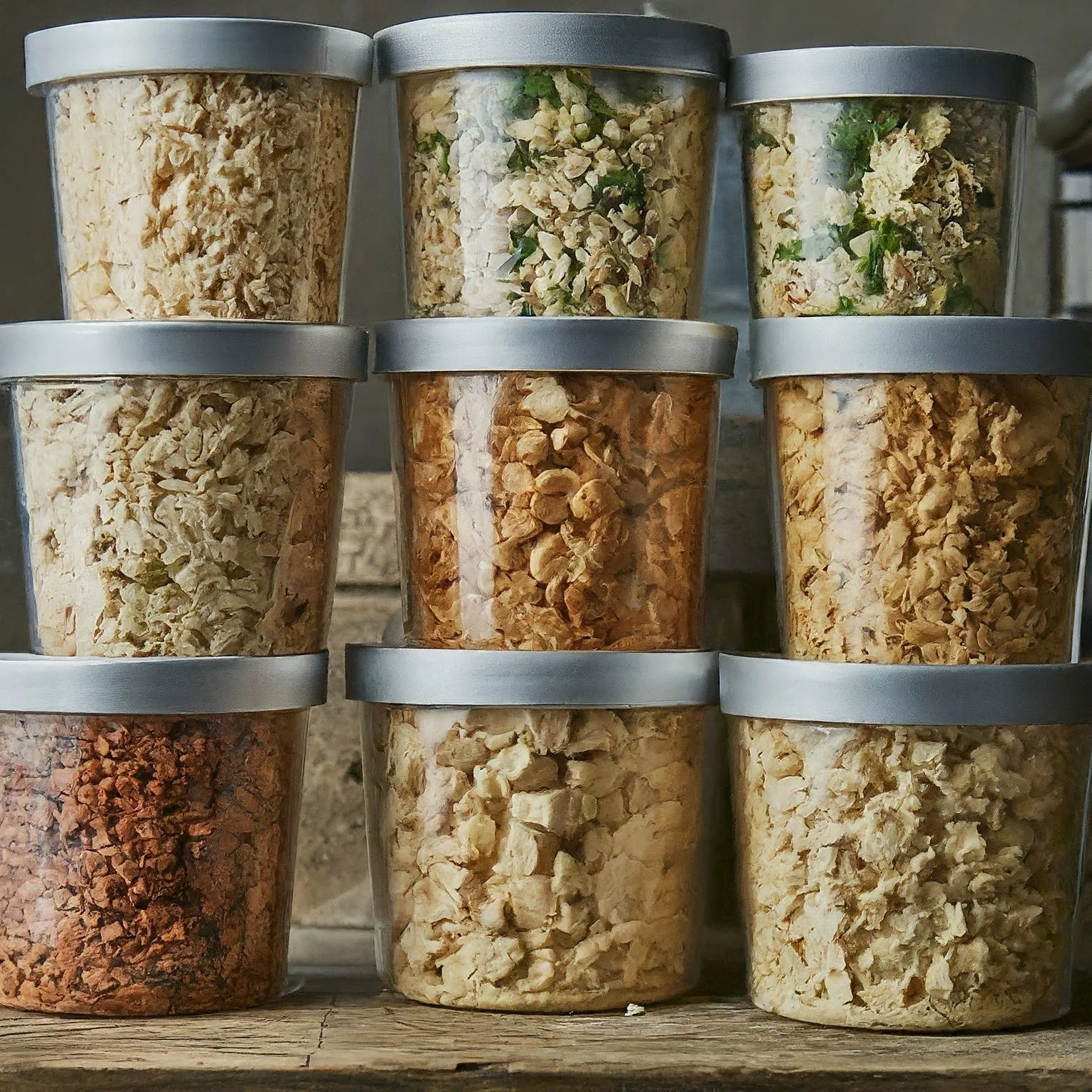 Nine plastic containers filled with different types of chopped or crumbled food, stacked in a 3x3 grid on a wooden surface.