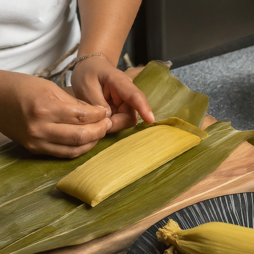 Hands preparing tamales wrapped in banana leaves.