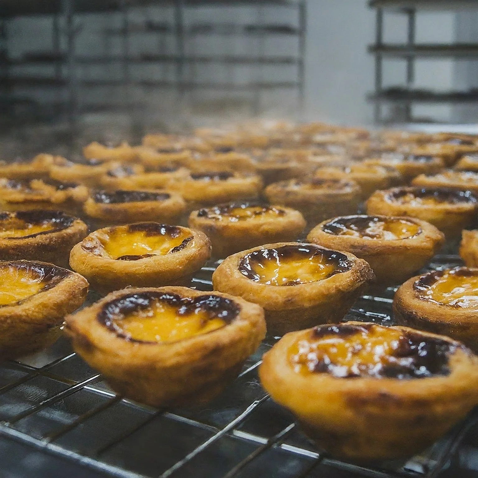 Several Portuguese egg tarts baking on a wire rack inside an oven, with a golden crust and caramelized tops.