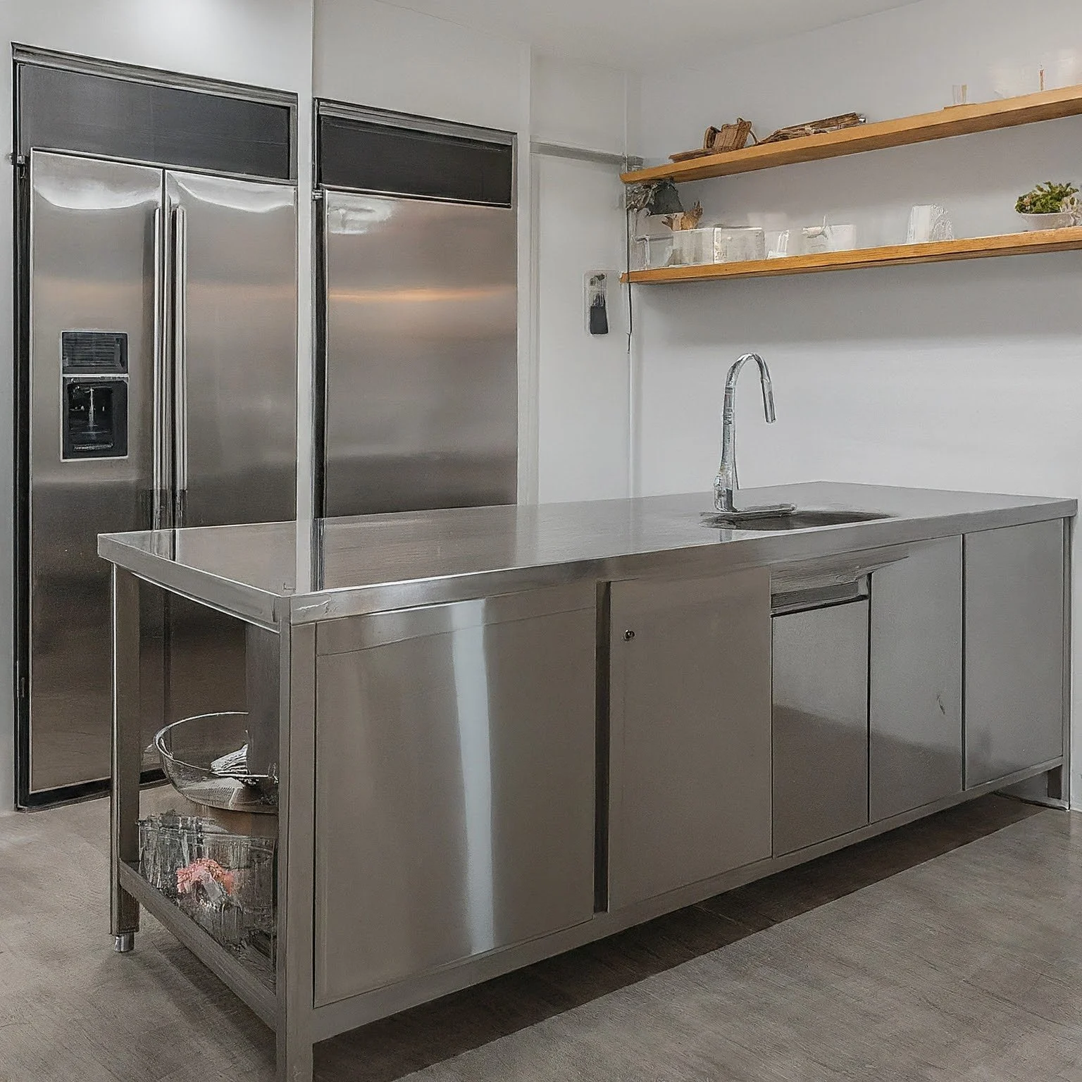 Stainless steel kitchen with a double-door refrigerator, a counter with a sink and faucet, and wooden shelves with decorative items.