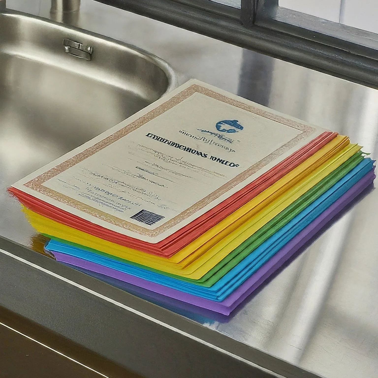 Stack of colorful graduation diplomas on a metal countertop near a sink.